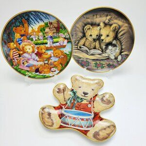 Vintage Teddy Bear Plate Set, Franklin Mint, Picnic, Bedtime & Little Drummer